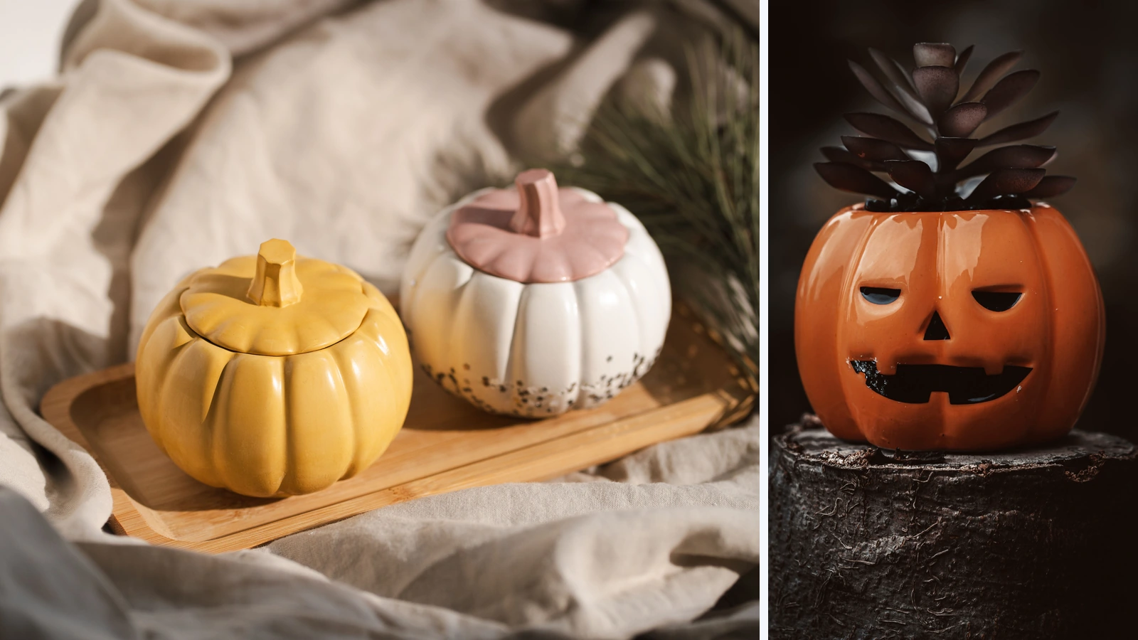 Editorial composite showing two lidded ceramic pumpkin decorations on a wooden tray beside an orange jack-o'-lantern planter containing a succulent.