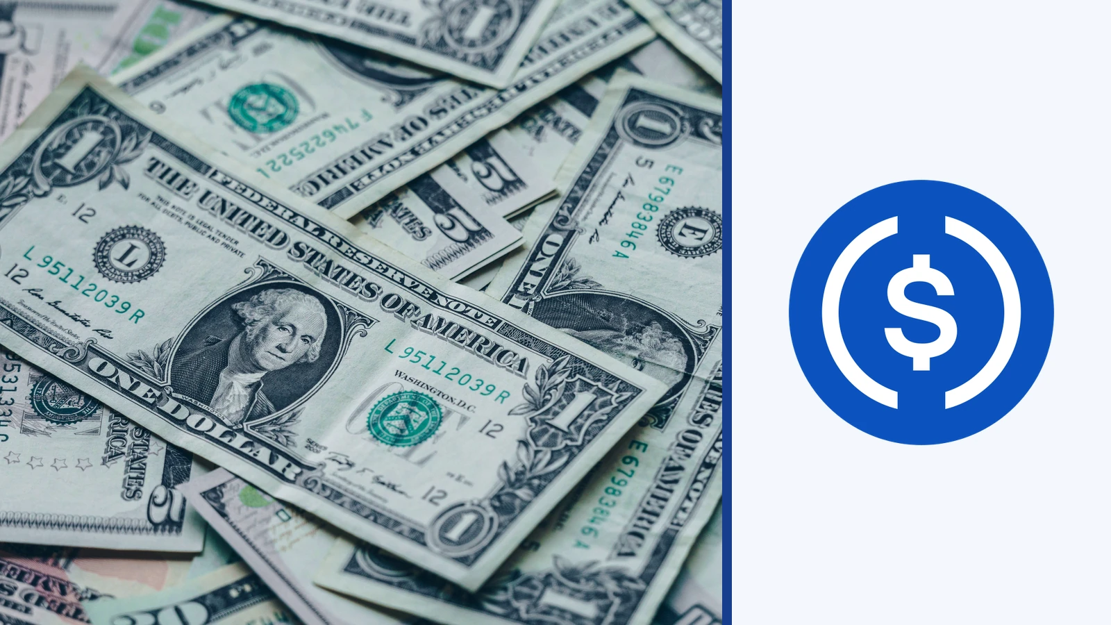 Editorial composite of US dollar banknotes beside Circle's blue and white USDC mark on a separate light panel.