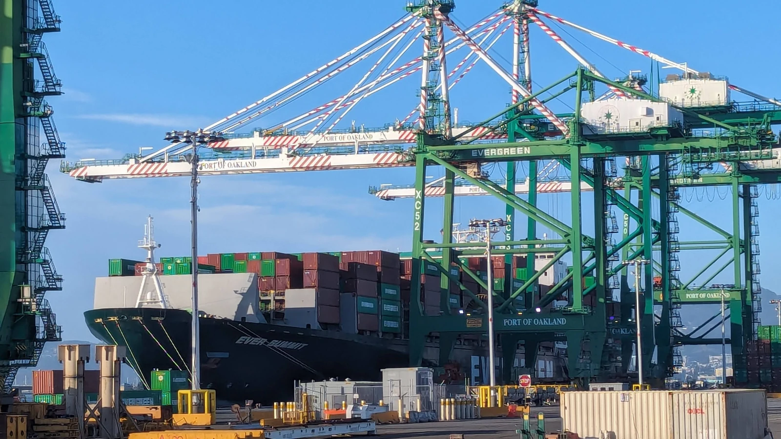 A container ship sits beside cranes at the Port of Oakland, a representative stock photograph by Helen C/Pexels.