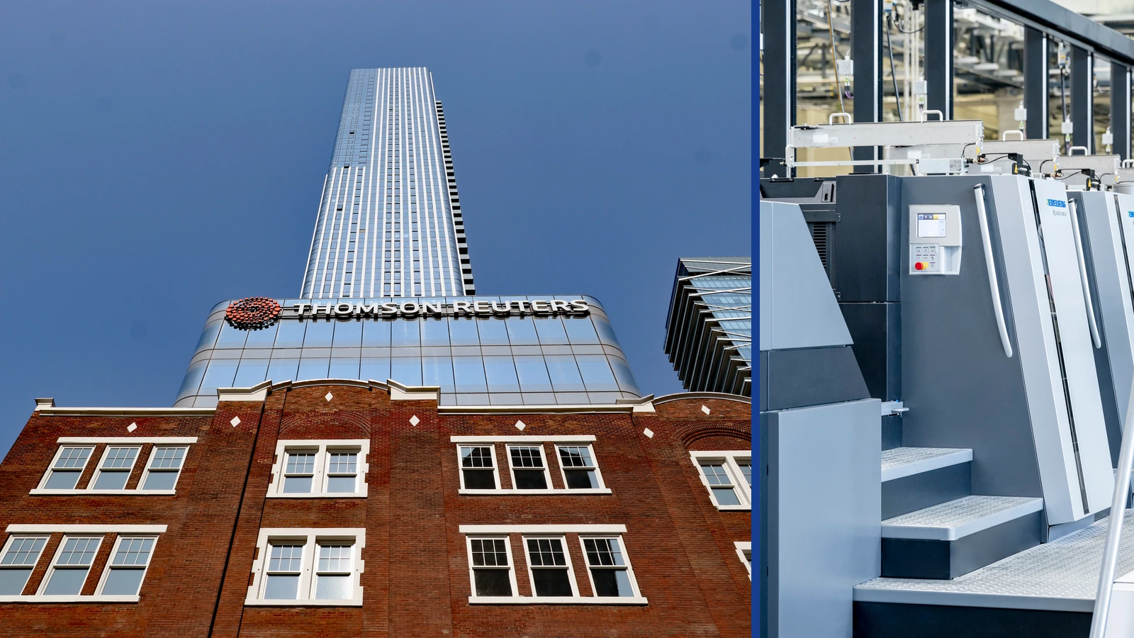 Editorial composite showing the Thomson Reuters name on its Toronto office building beside a separate photograph of industrial printing equipment.