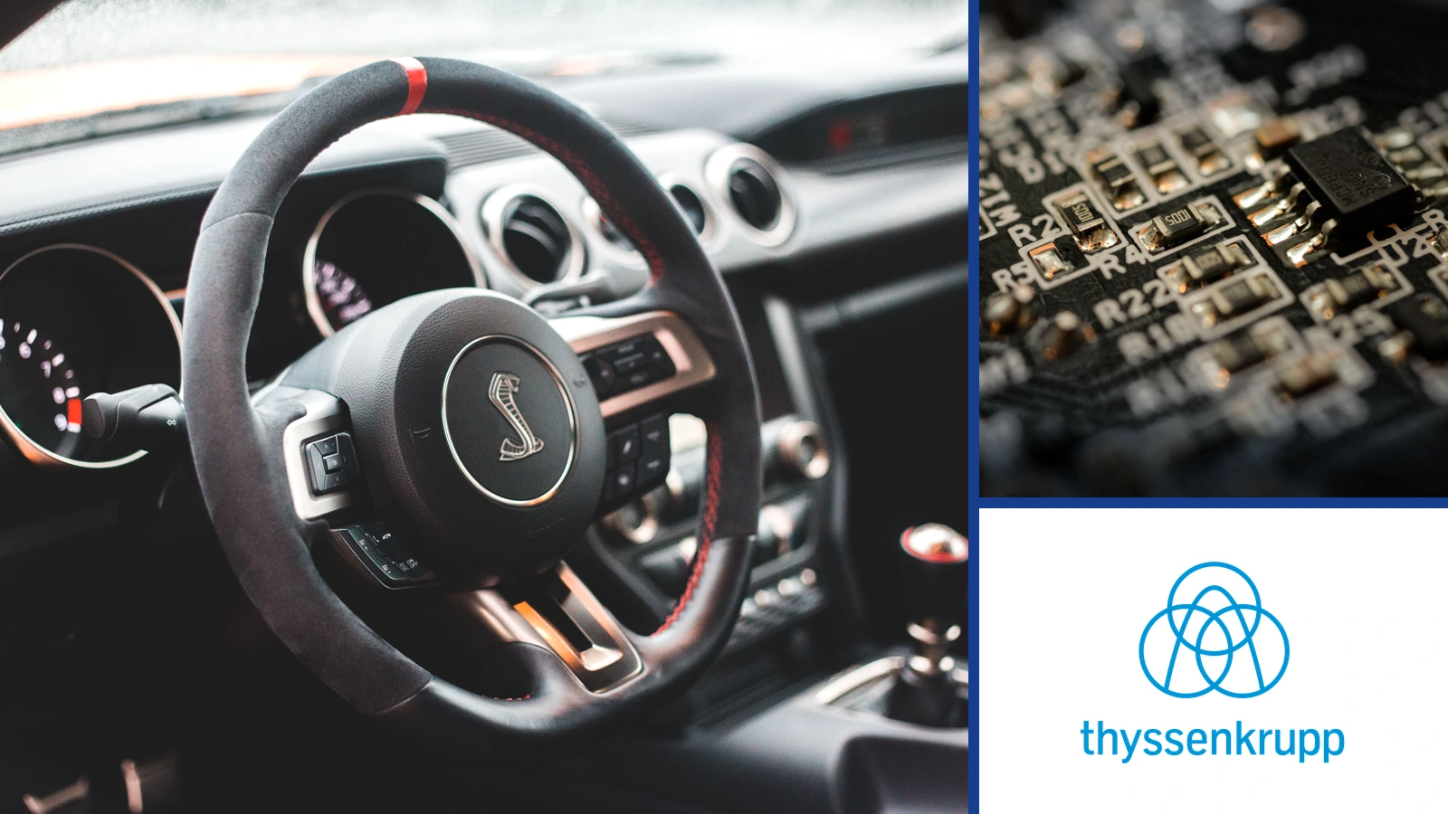 Editorial composite of a car steering wheel and dashboard, an electronic circuit board, and the blue Thyssenkrupp mark in separate panels.