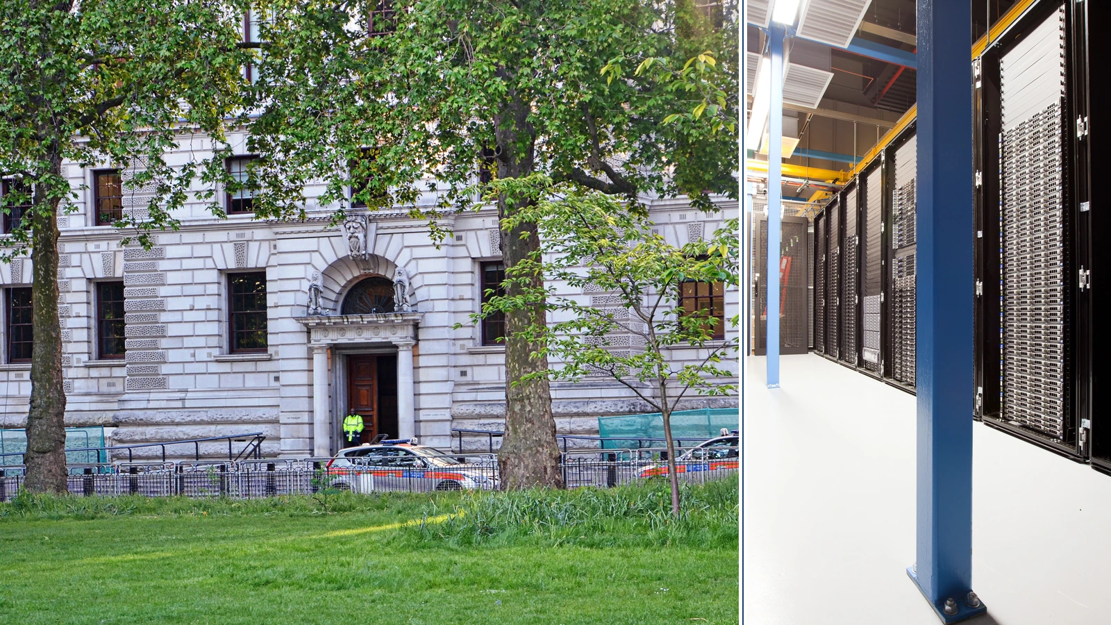 Editorial composite showing HM Treasury's stone headquarters beside a separate photograph of computer racks in a server room.