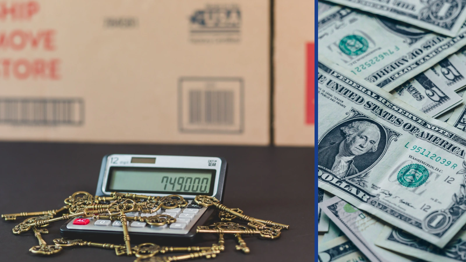 Editorial composite of gold keys resting on a calculator beside a separate close-up of US dollar banknotes.