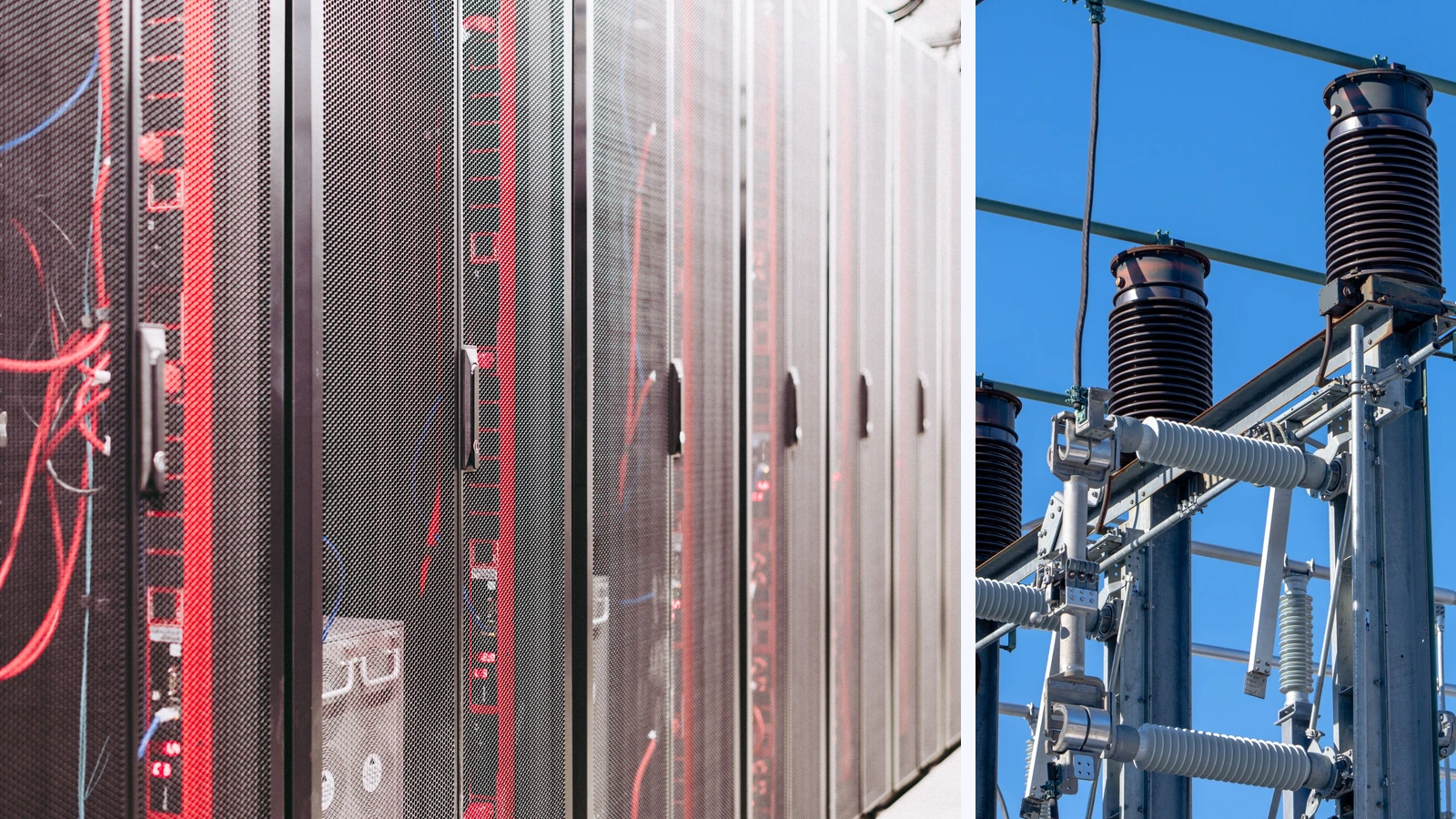 Editorial composite showing server racks and cables beside a separate photograph of electrical substation equipment in Somerville, Massachusetts.